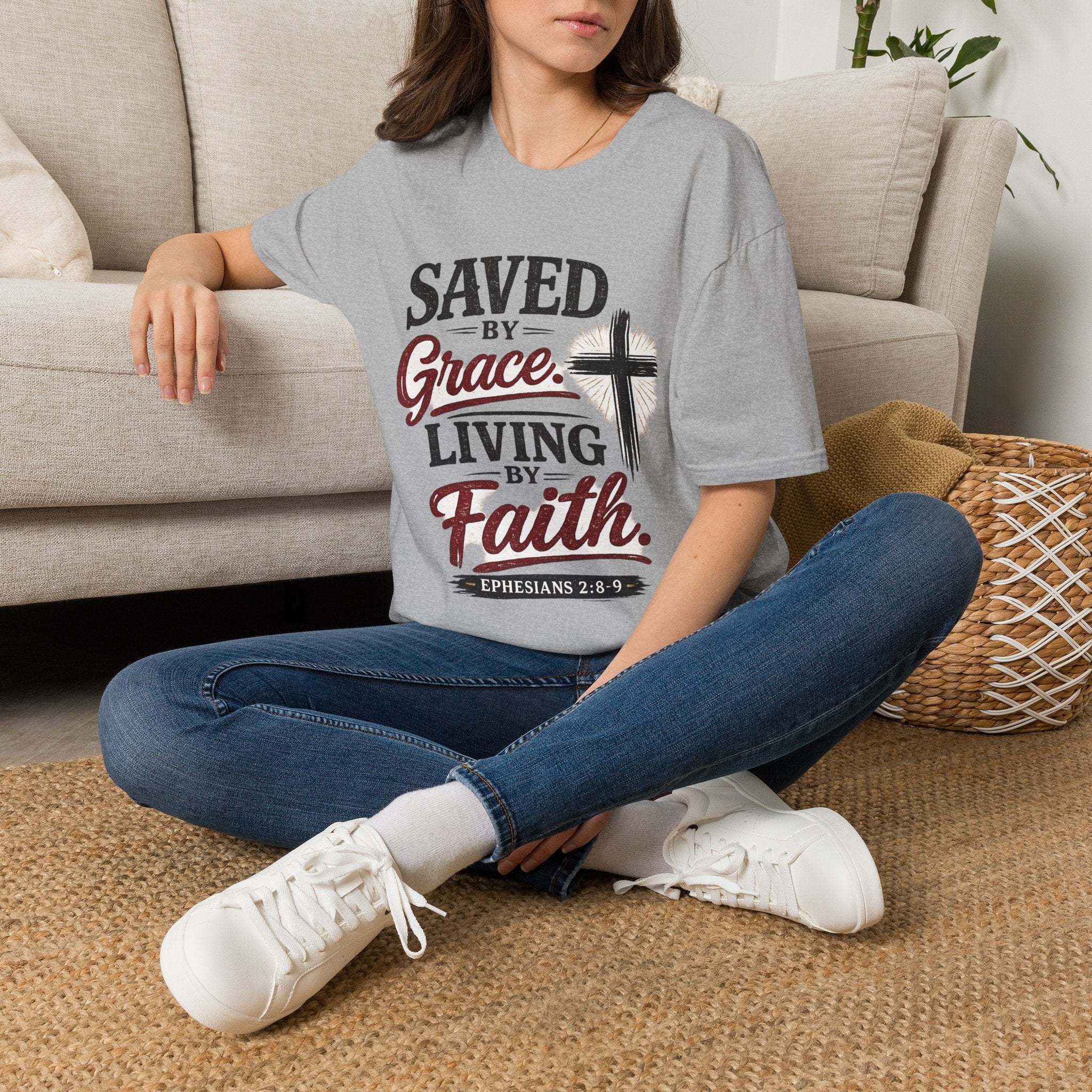 Saved by Grace Living by Faith T-Shirt — Christian Faith Cross Tee