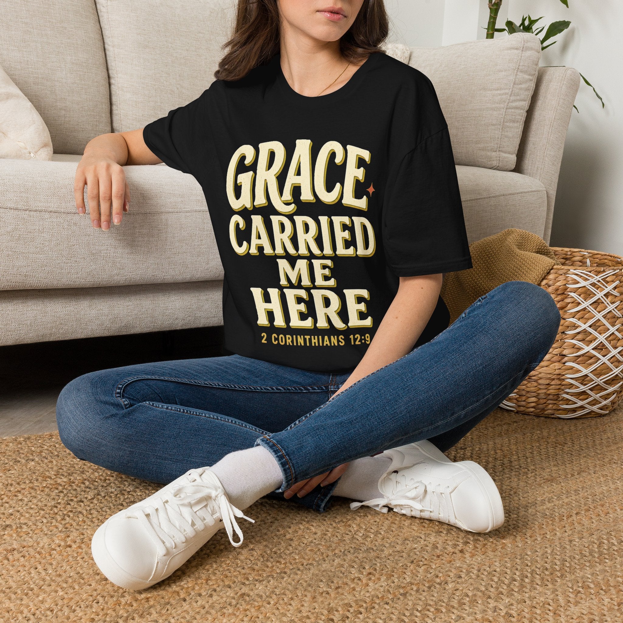 Grace Carried Me Here T-Shirt — Inspirational Christian Faith Tee (2 Corinthians 12:9)