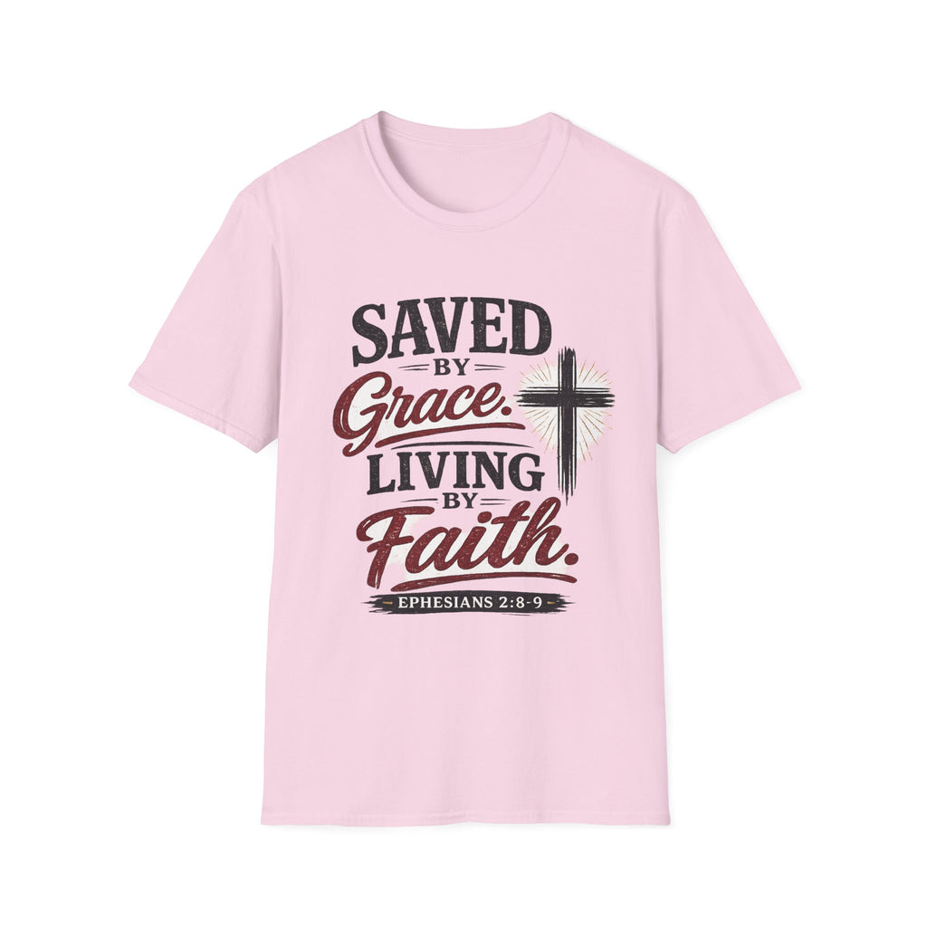 Saved by Grace Living by Faith T-Shirt — Christian Faith Cross Tee