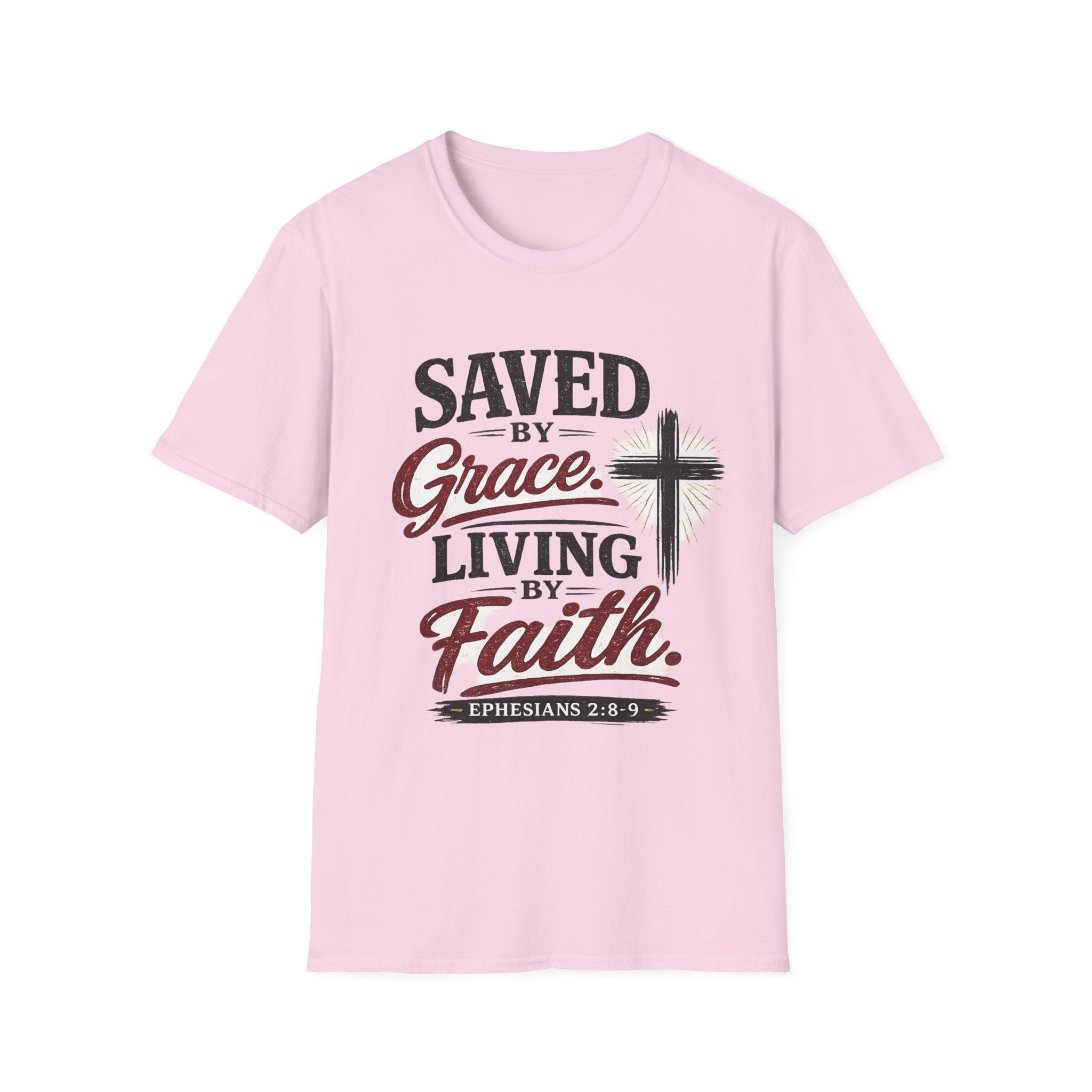 Saved by Grace Living by Faith T-Shirt — Christian Faith Cross Tee
