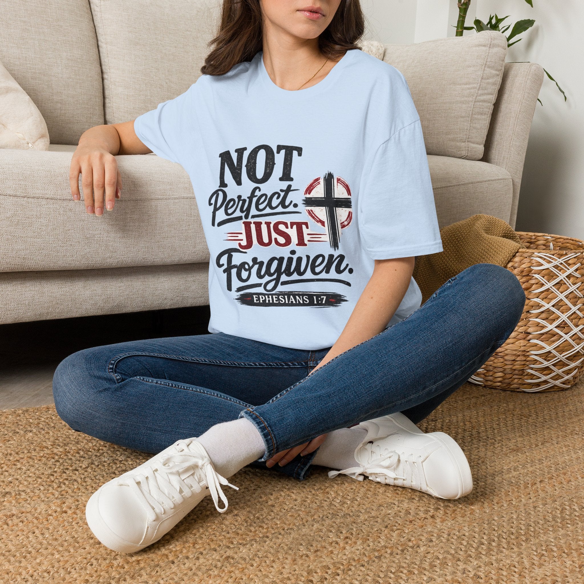 Not Perfect, Just Forgiven T-Shirt — Christian Faith Cross Tee (Ephesians 1:7)