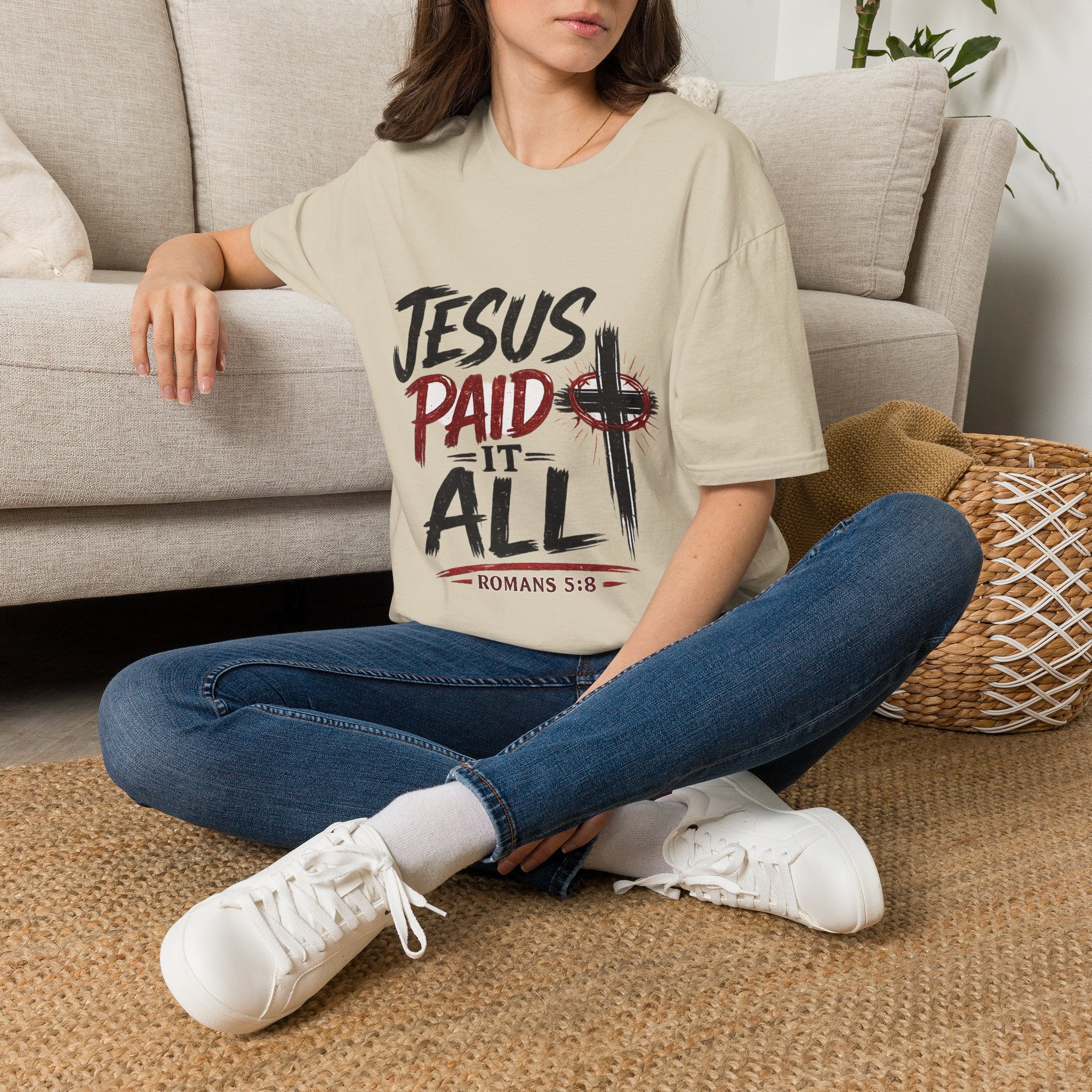 Jesus Paid It All T-Shirt — Christian Faith Cross Tee (Romans 5:8)