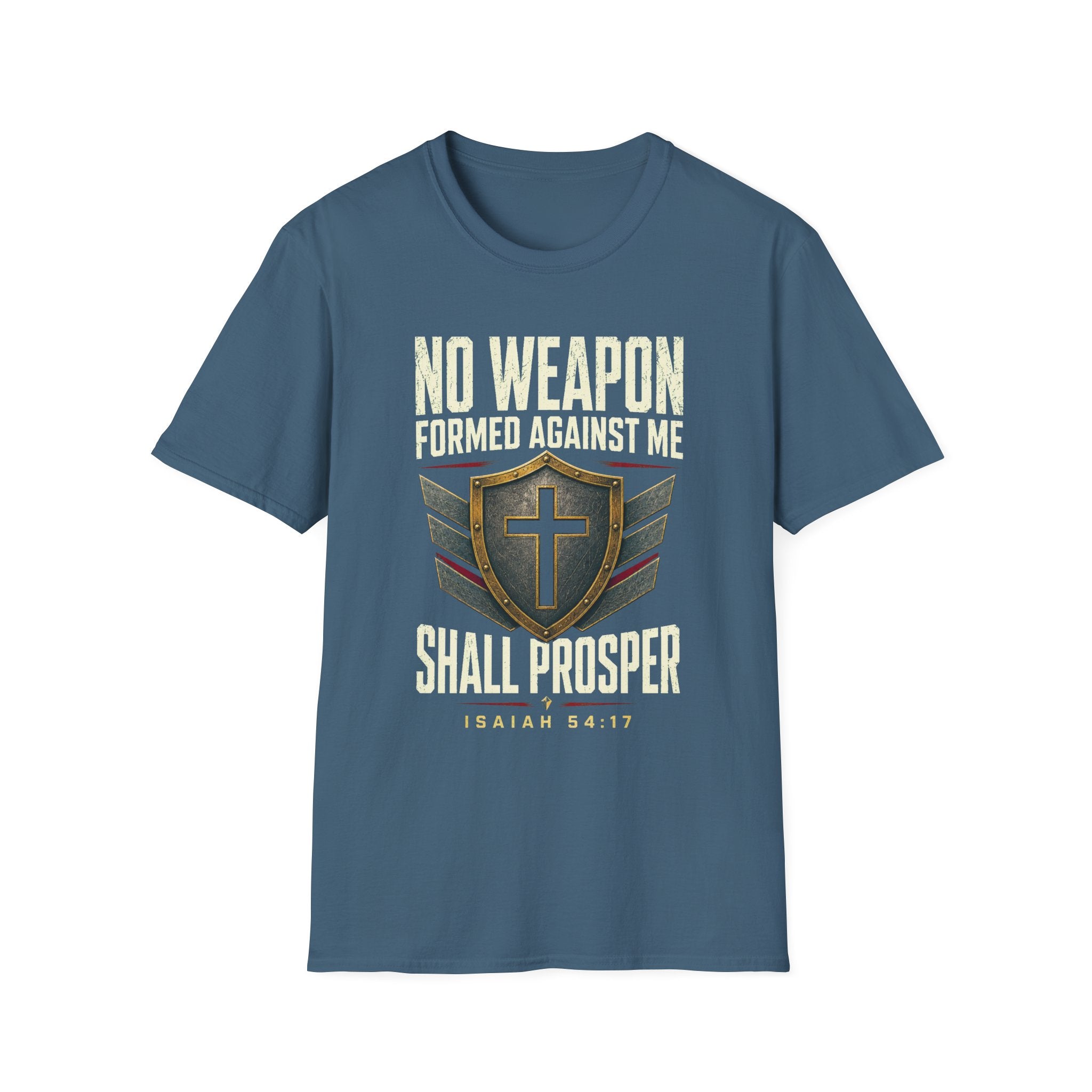 No Weapon Formed Against Me T‑Shirt — Isaiah 54:17 Christian Faith Graphic Tee