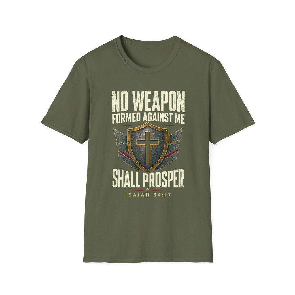 No Weapon Formed Against Me T‑Shirt — Isaiah 54:17 Christian Faith Graphic Tee