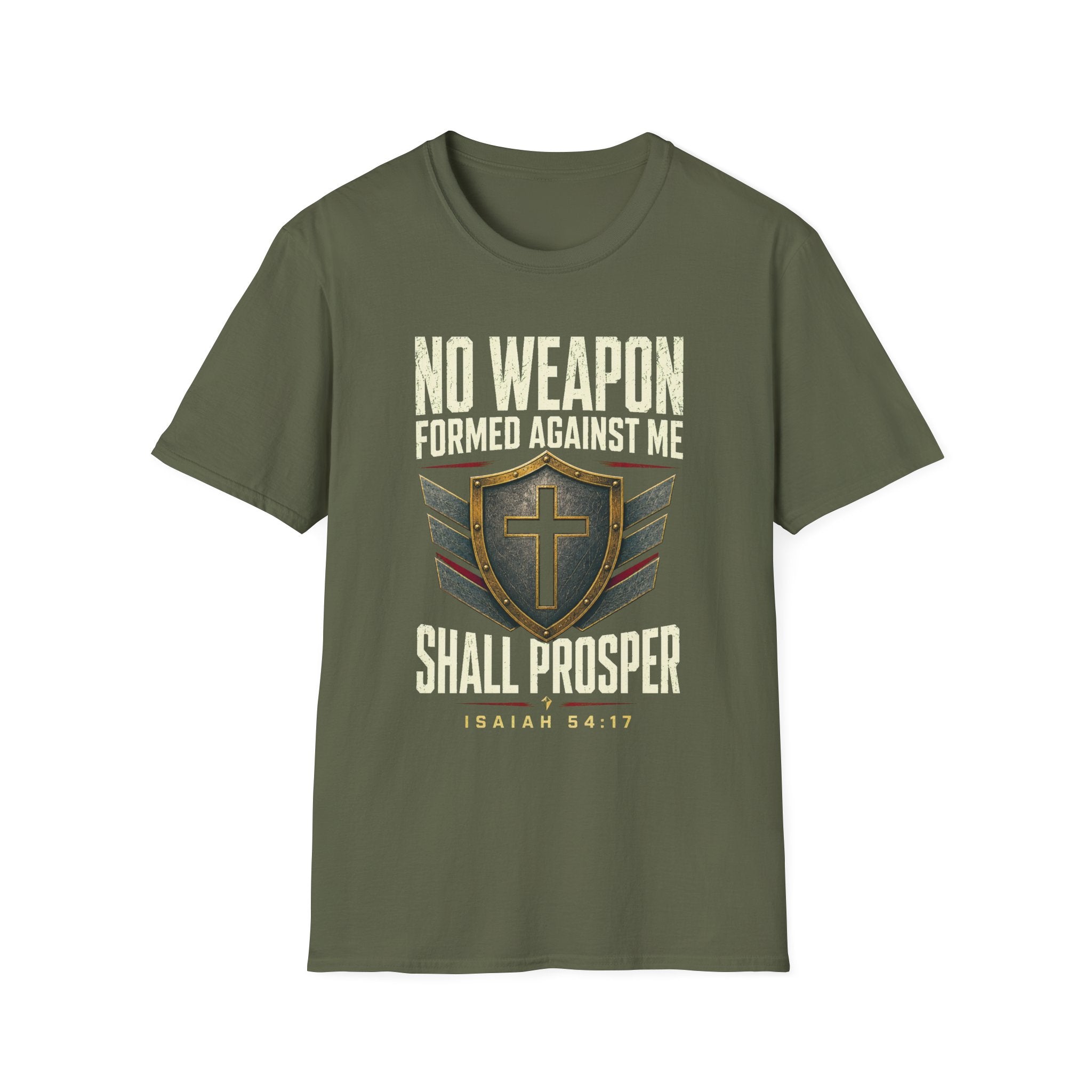 No Weapon Formed Against Me T‑Shirt — Isaiah 54:17 Christian Faith Graphic Tee