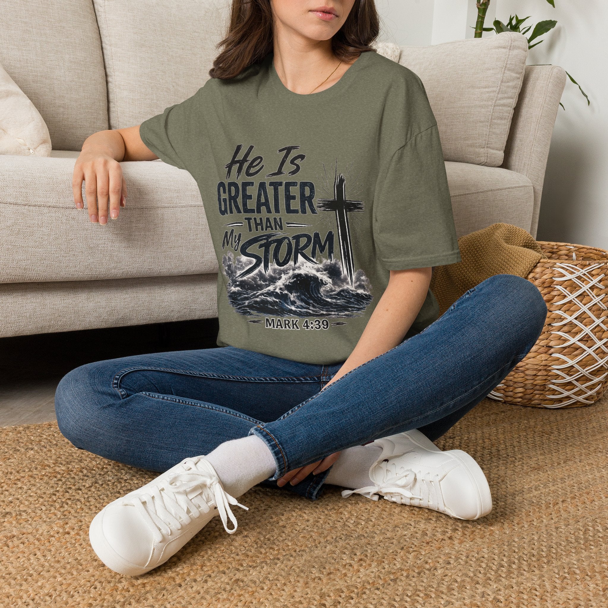 He Is Greater Than My Storm T-Shirt — Christian Inspirational Tee (Mark 4:39)
