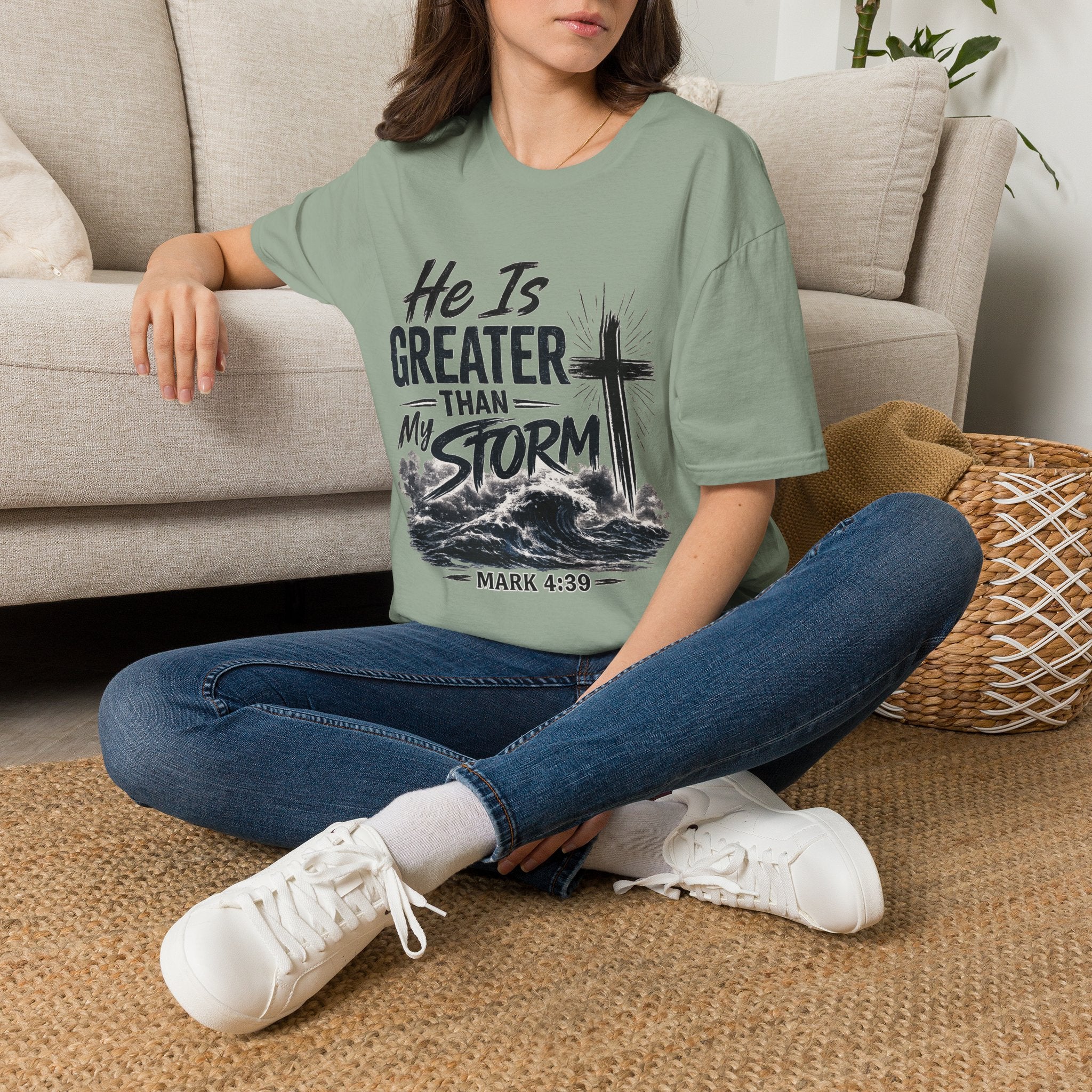 He Is Greater Than My Storm T-Shirt — Christian Inspirational Tee (Mark 4:39)
