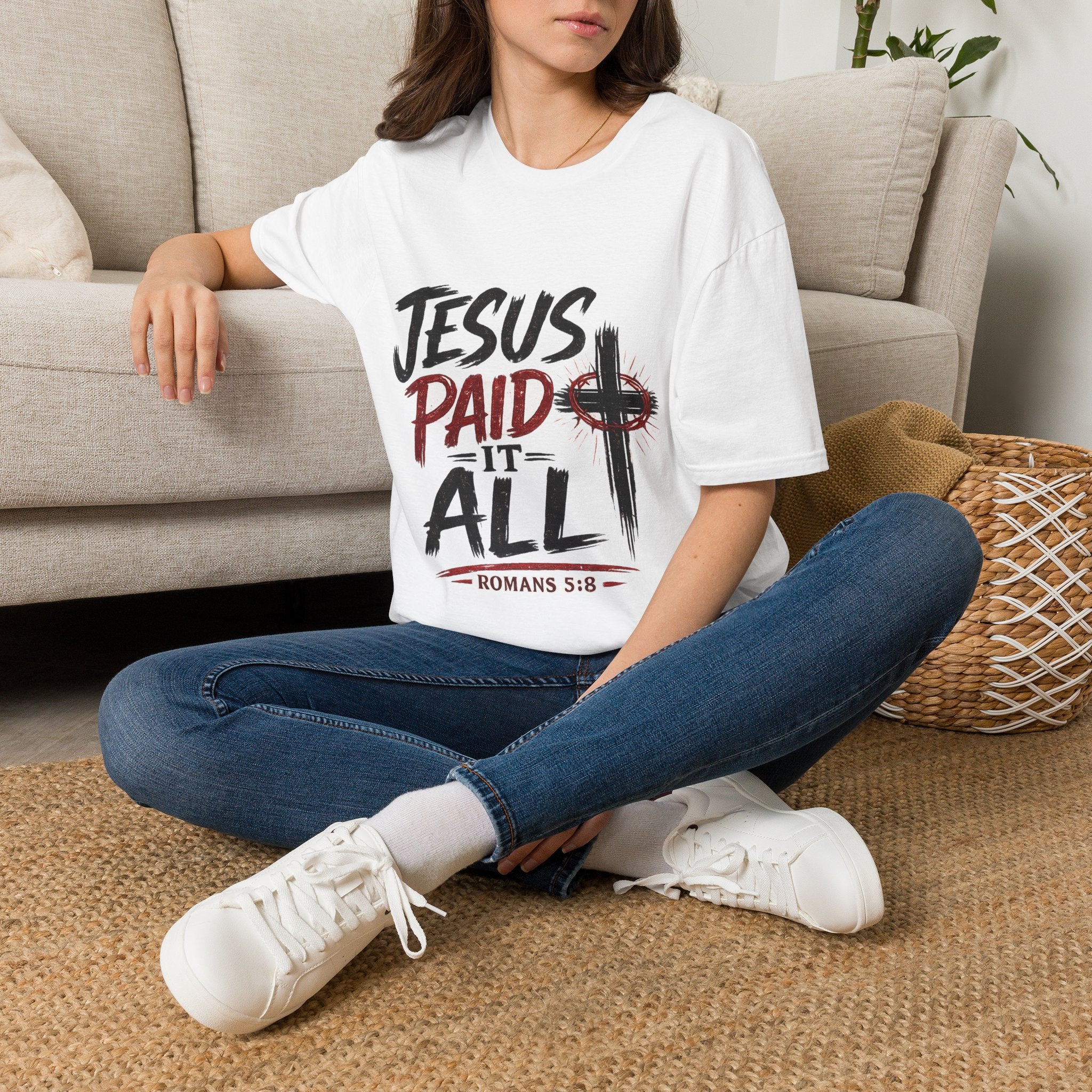 Jesus Paid It All T-Shirt — Christian Faith Cross Tee (Romans 5:8)