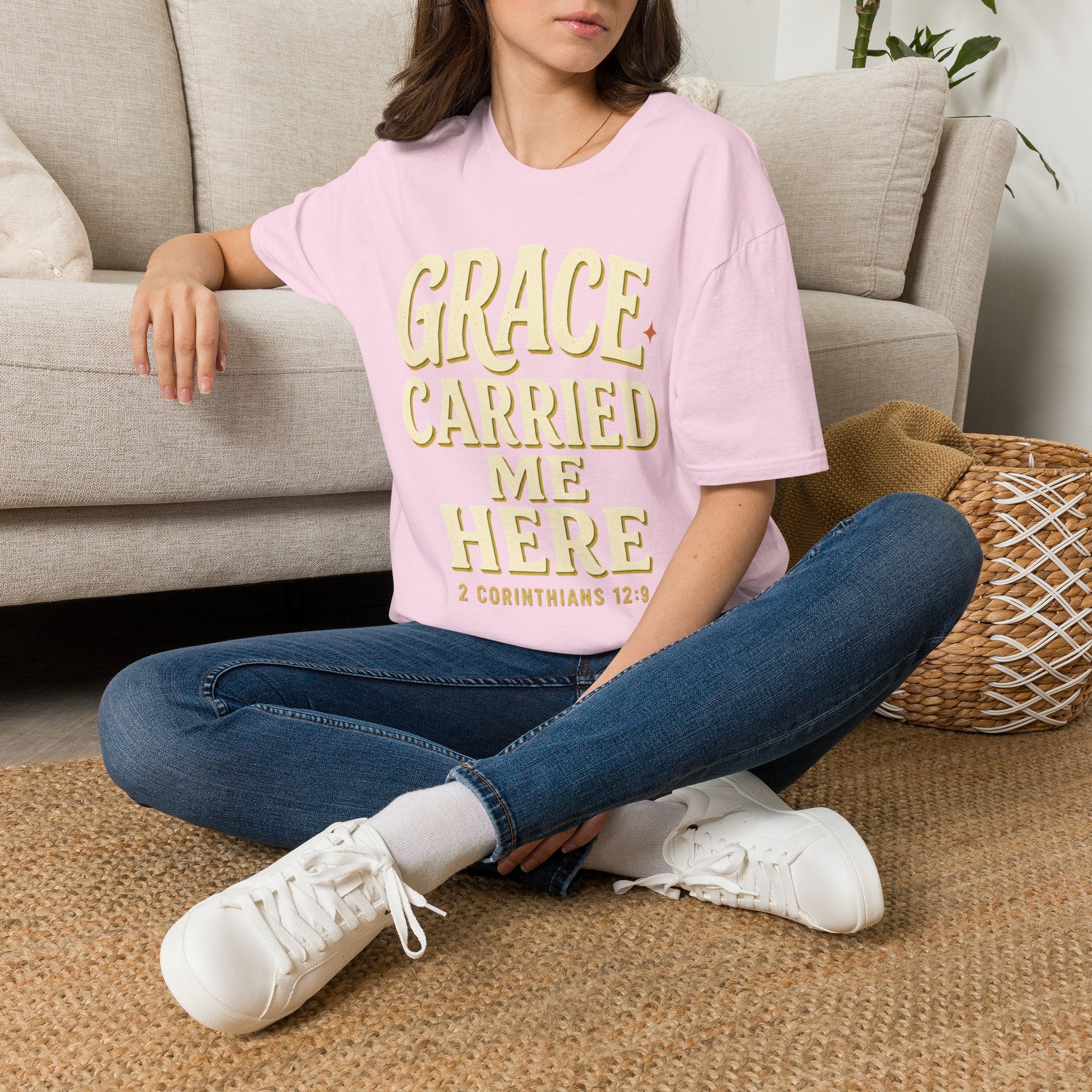Grace Carried Me Here T-Shirt — Inspirational Christian Faith Tee (2 Corinthians 12:9)