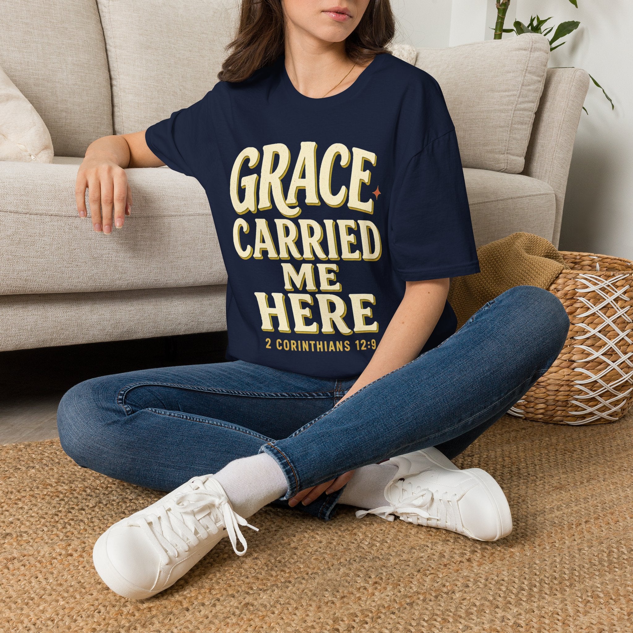Grace Carried Me Here T-Shirt — Inspirational Christian Faith Tee (2 Corinthians 12:9)