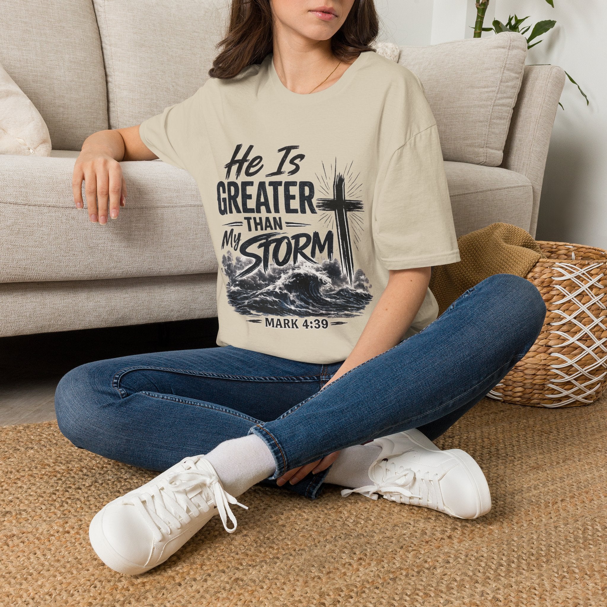 He Is Greater Than My Storm T-Shirt — Christian Inspirational Tee (Mark 4:39)