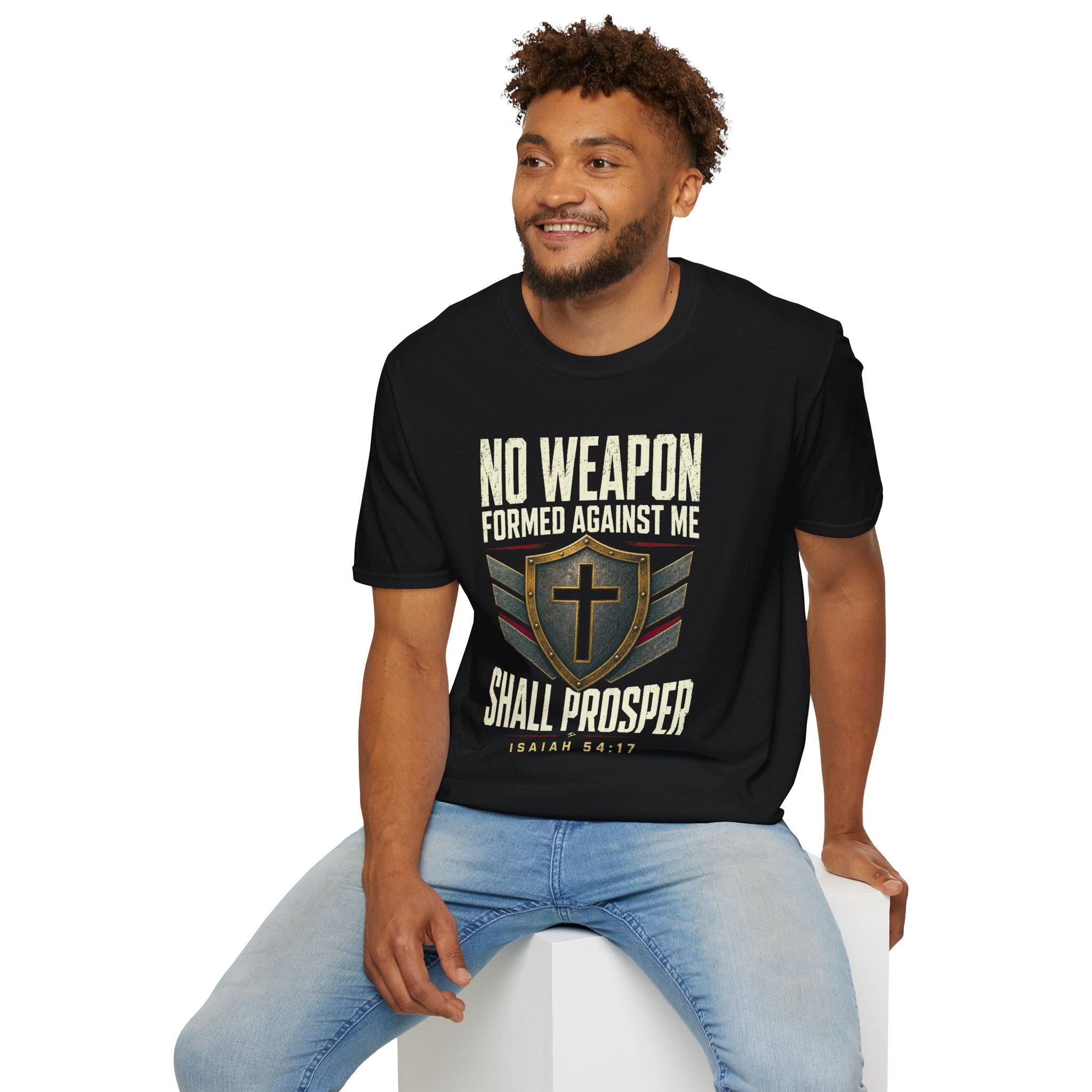 No Weapon Formed Against Me T‑Shirt — Isaiah 54:17 Christian Faith Graphic Tee