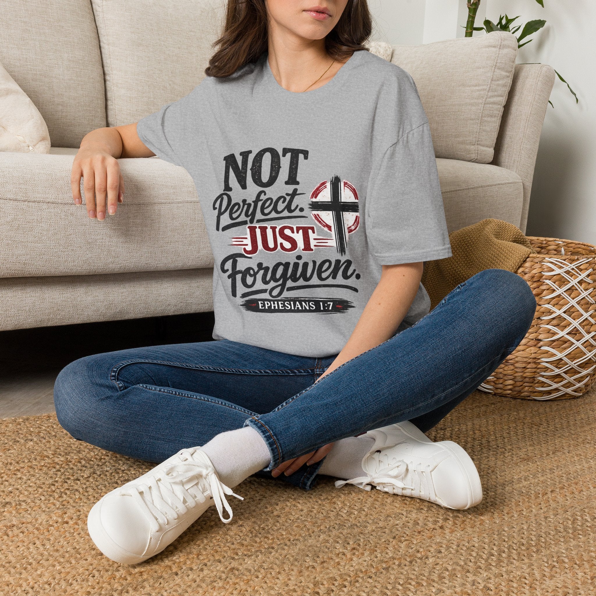 Not Perfect, Just Forgiven T-Shirt — Christian Faith Cross Tee (Ephesians 1:7)