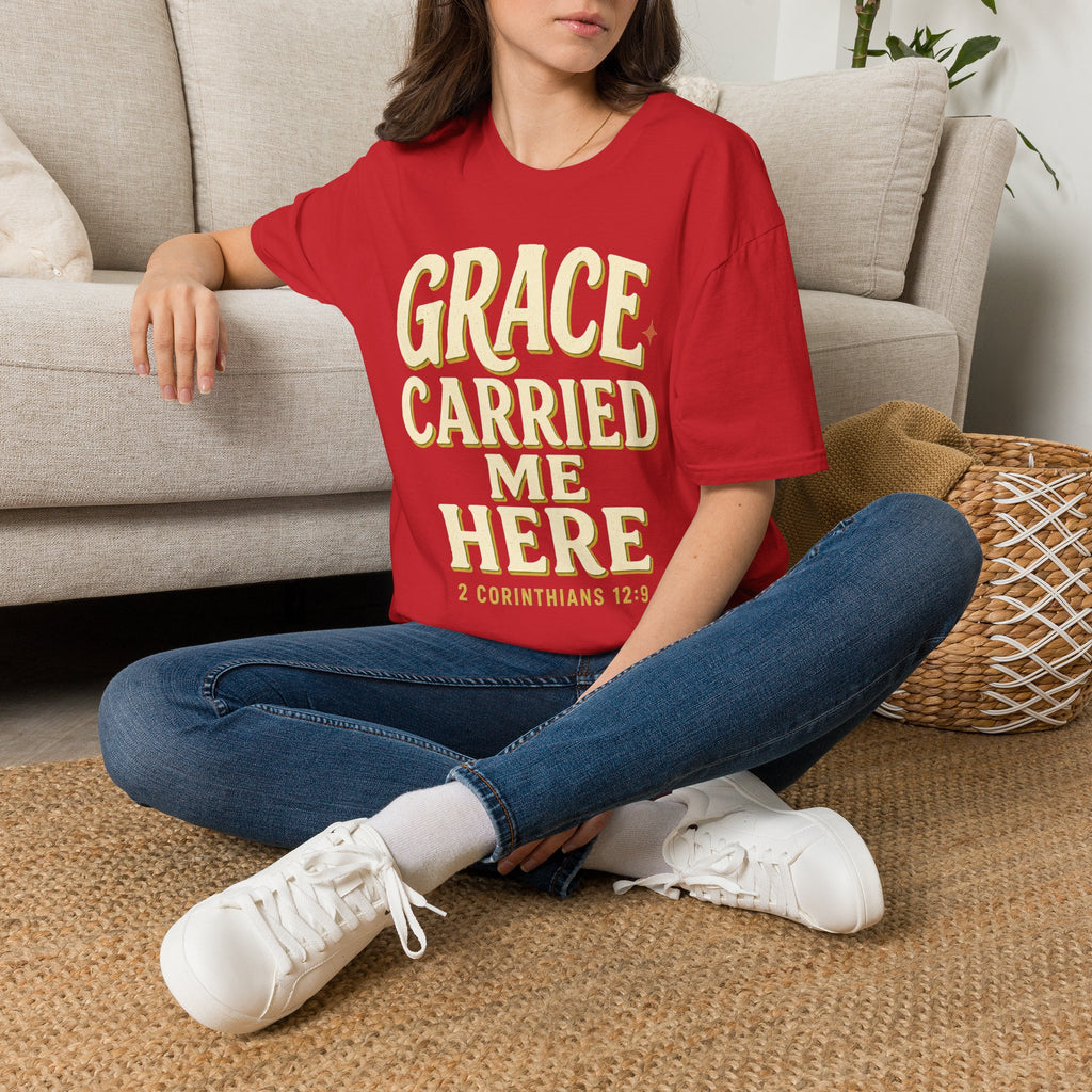 Grace Carried Me Here T-Shirt — Inspirational Christian Faith Tee (2 Corinthians 12:9)