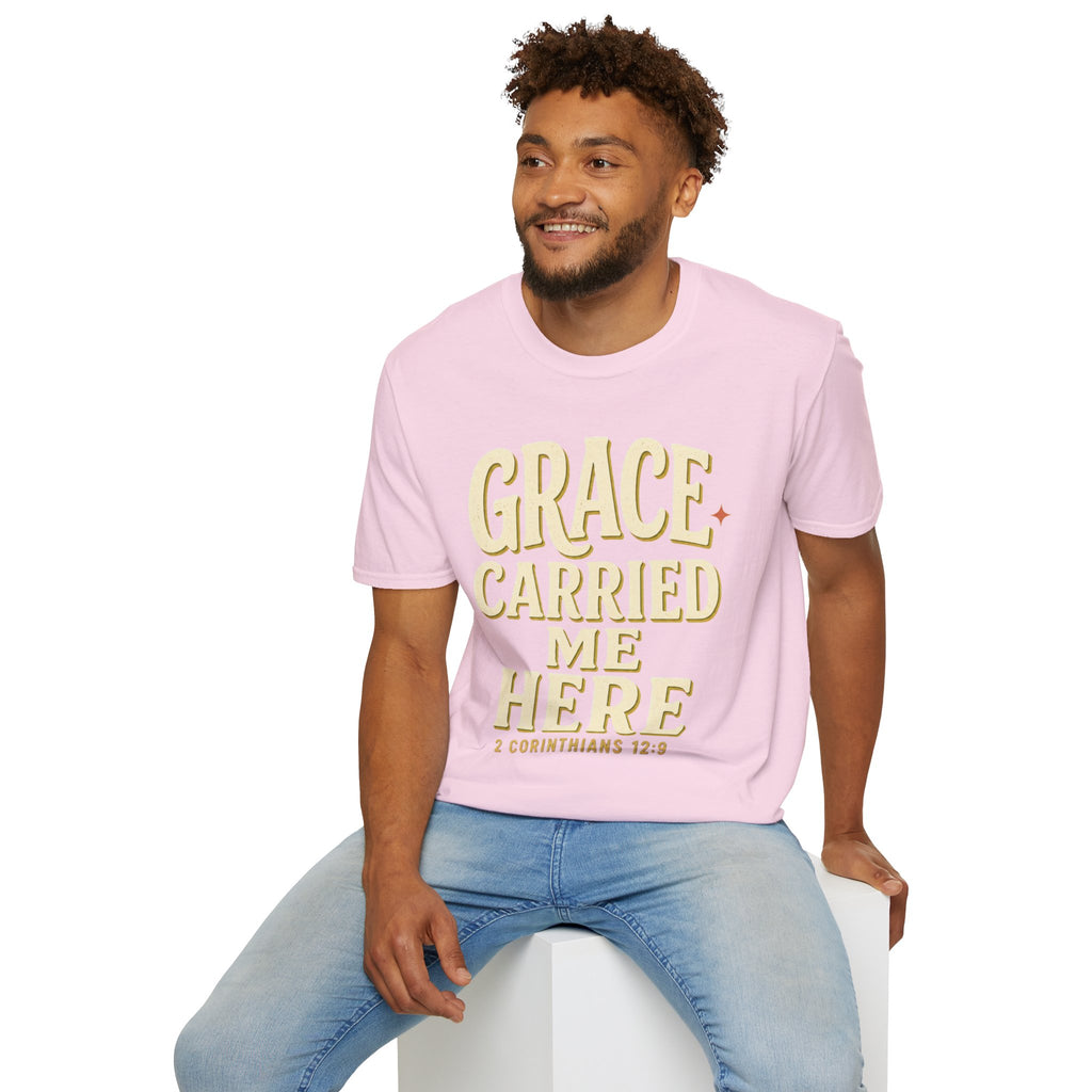 Grace Carried Me Here T-Shirt — Inspirational Christian Faith Tee (2 Corinthians 12:9)