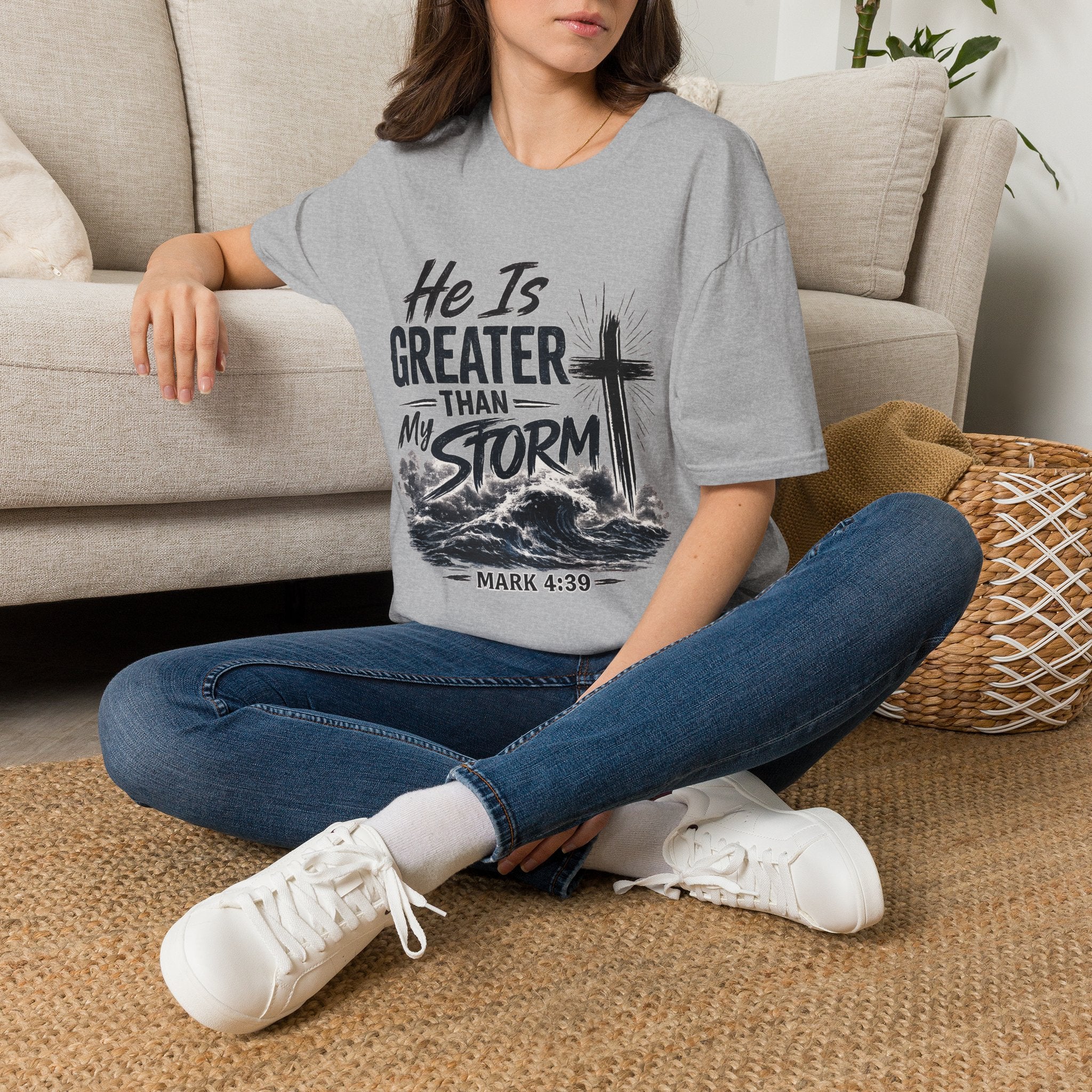 He Is Greater Than My Storm T-Shirt — Christian Inspirational Tee (Mark 4:39)