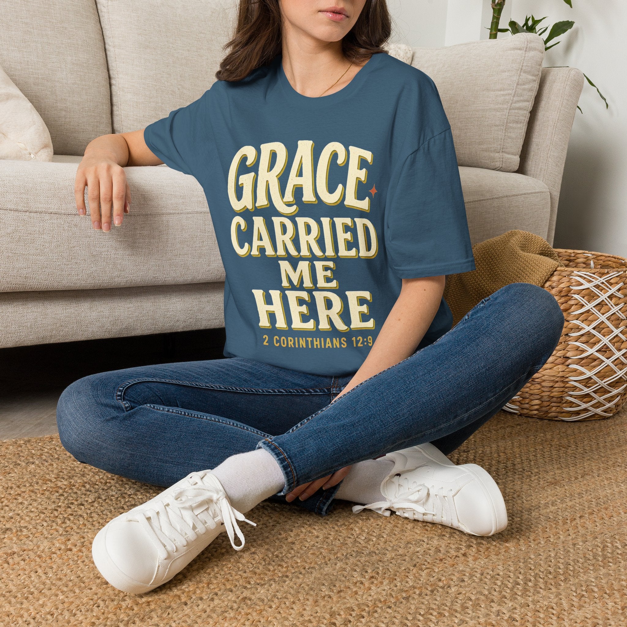 Grace Carried Me Here T-Shirt — Inspirational Christian Faith Tee (2 Corinthians 12:9)