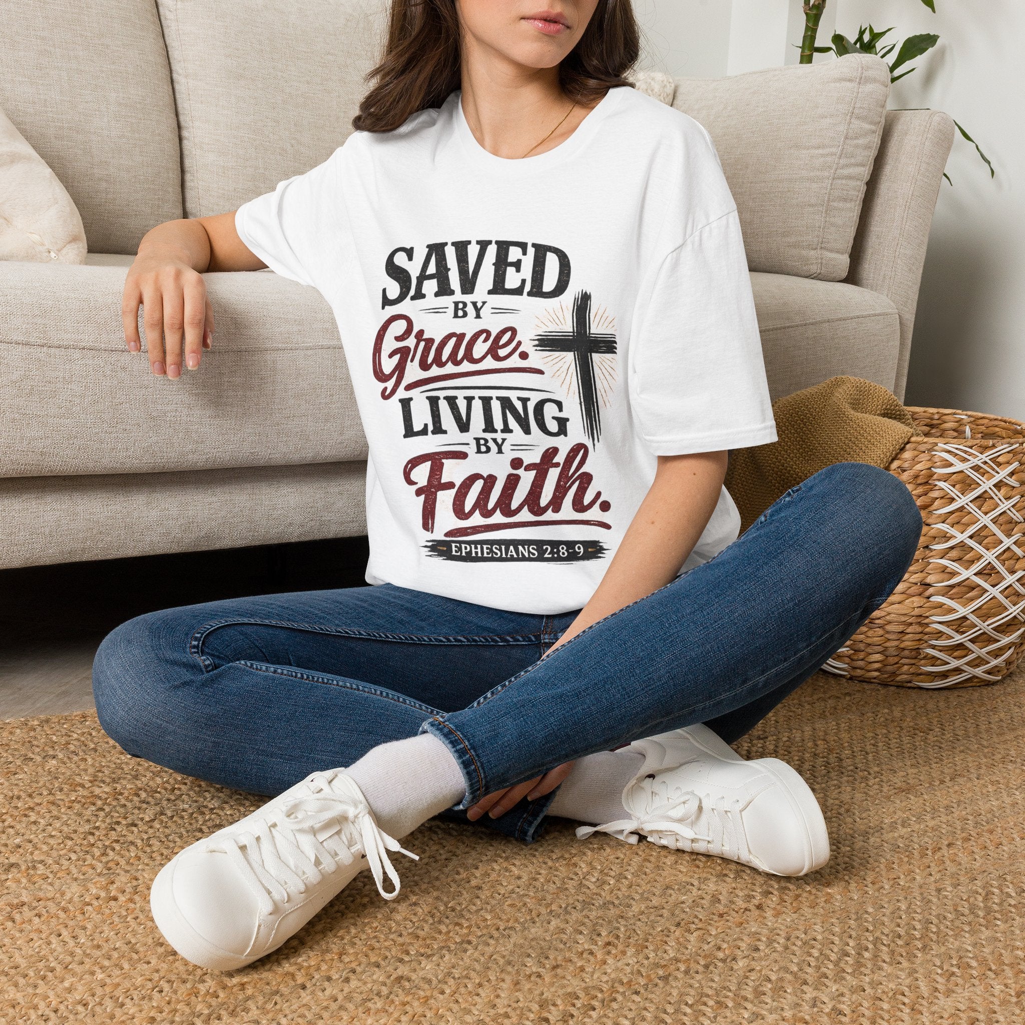 Saved by Grace Living by Faith T-Shirt — Christian Faith Cross Tee