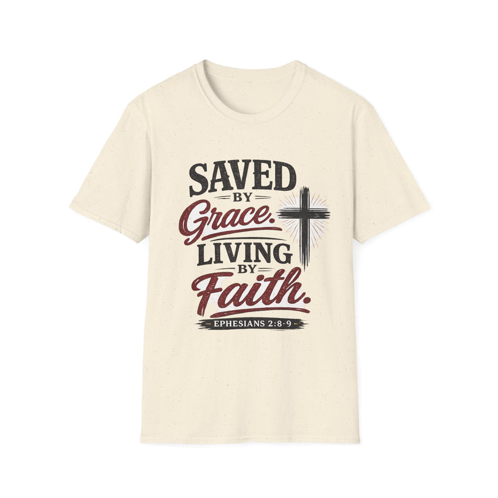 Saved by Grace Living by Faith T-Shirt — Christian Faith Cross Tee