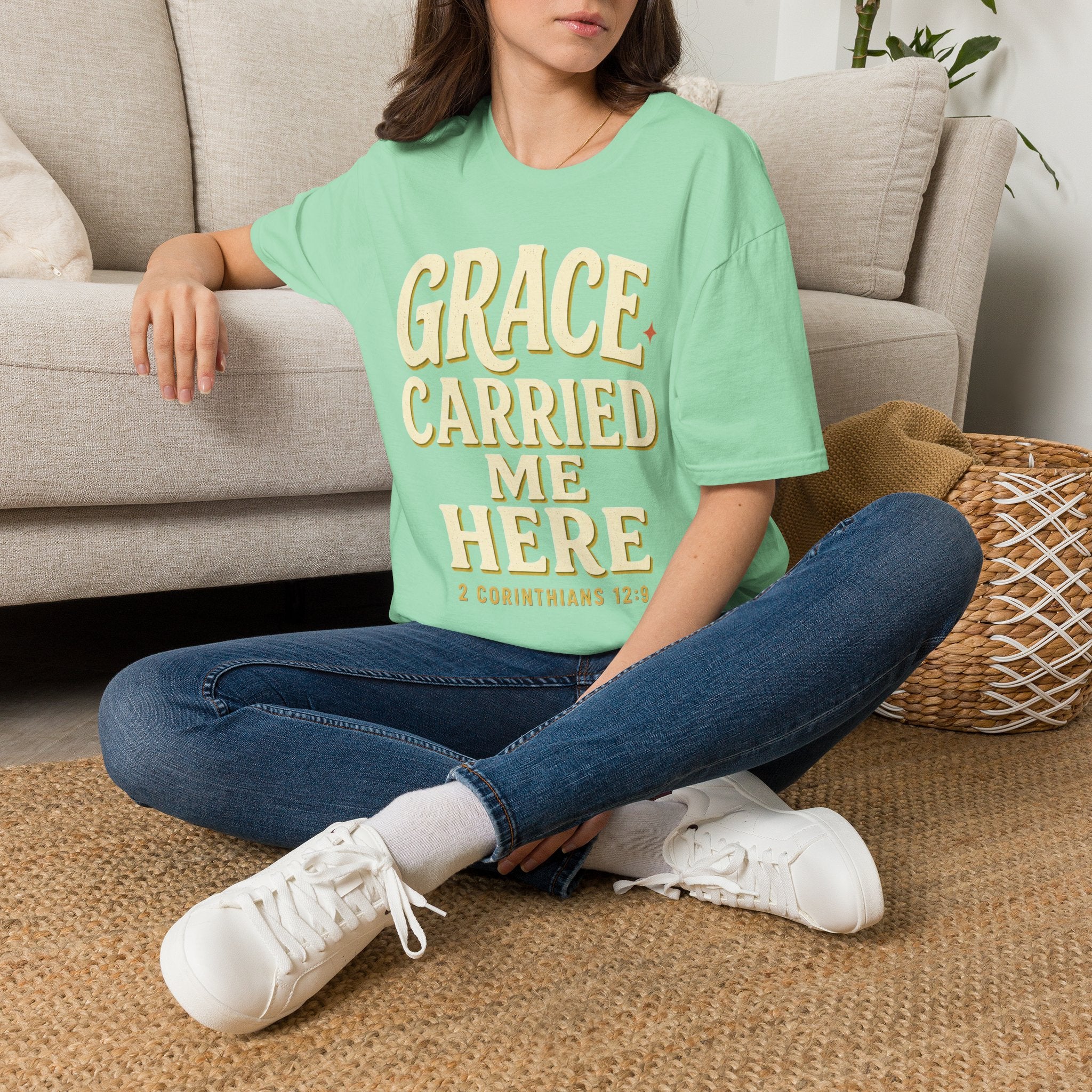 Grace Carried Me Here T-Shirt — Inspirational Christian Faith Tee (2 Corinthians 12:9)