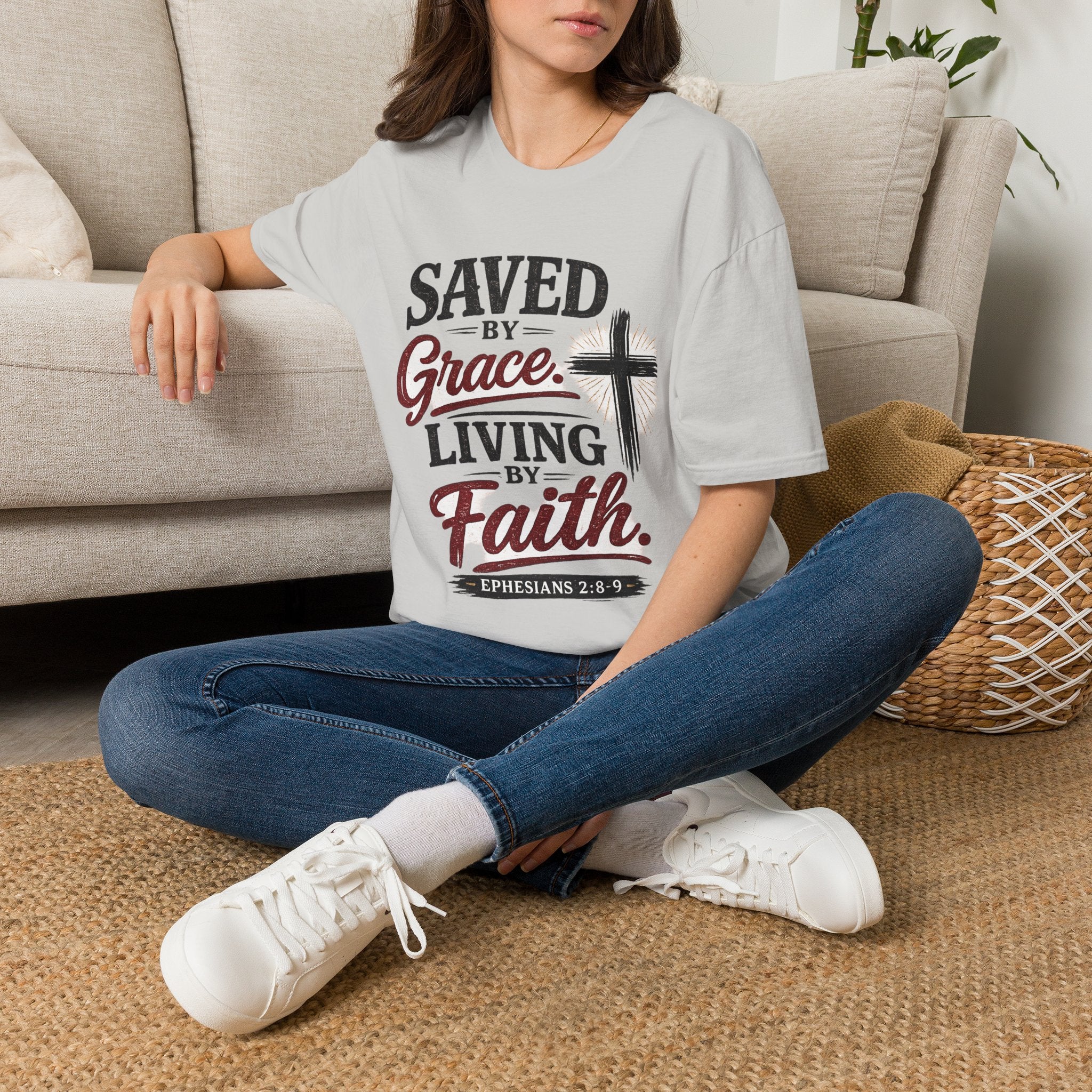 Saved by Grace Living by Faith T-Shirt — Christian Faith Cross Tee