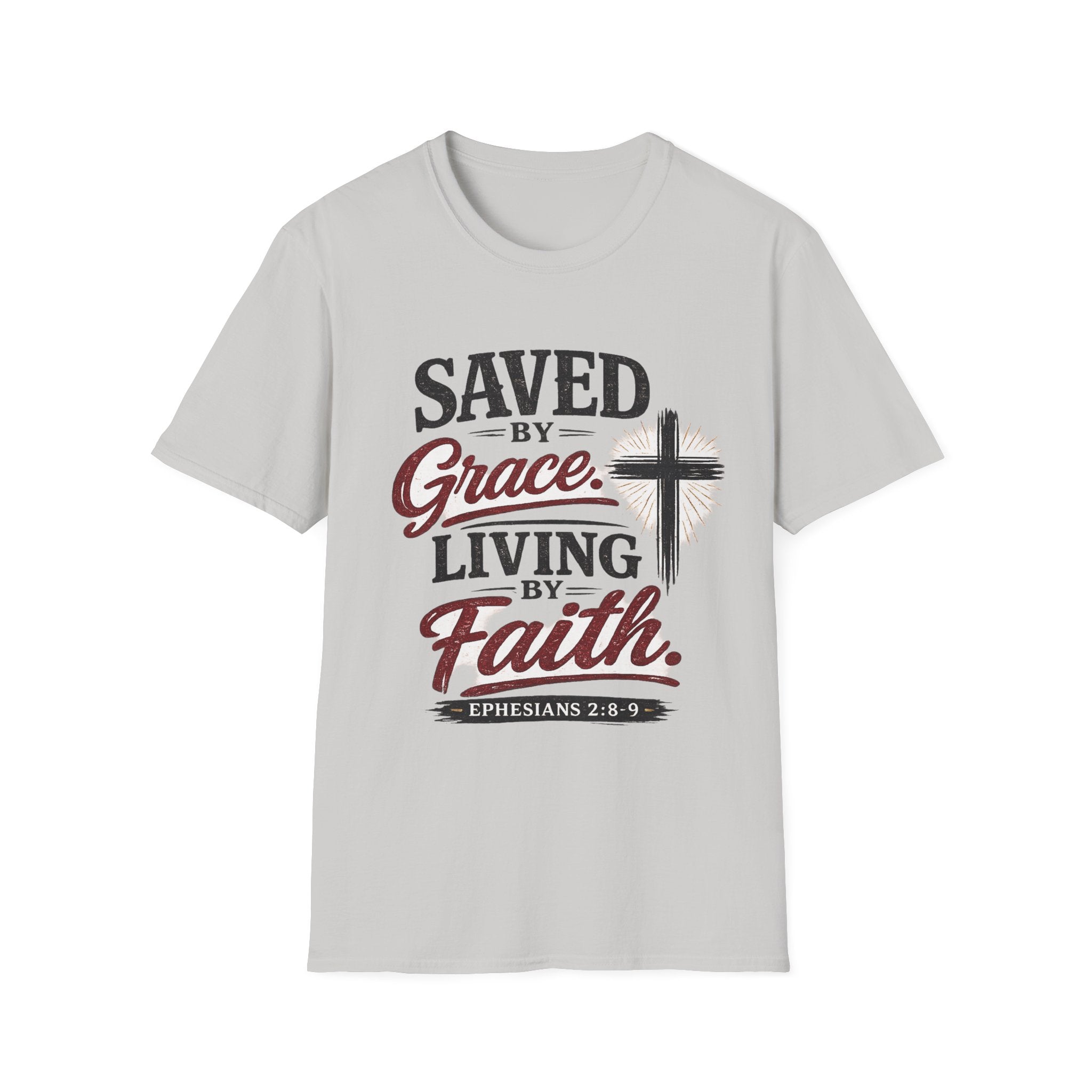 Saved by Grace Living by Faith T-Shirt — Christian Faith Cross Tee