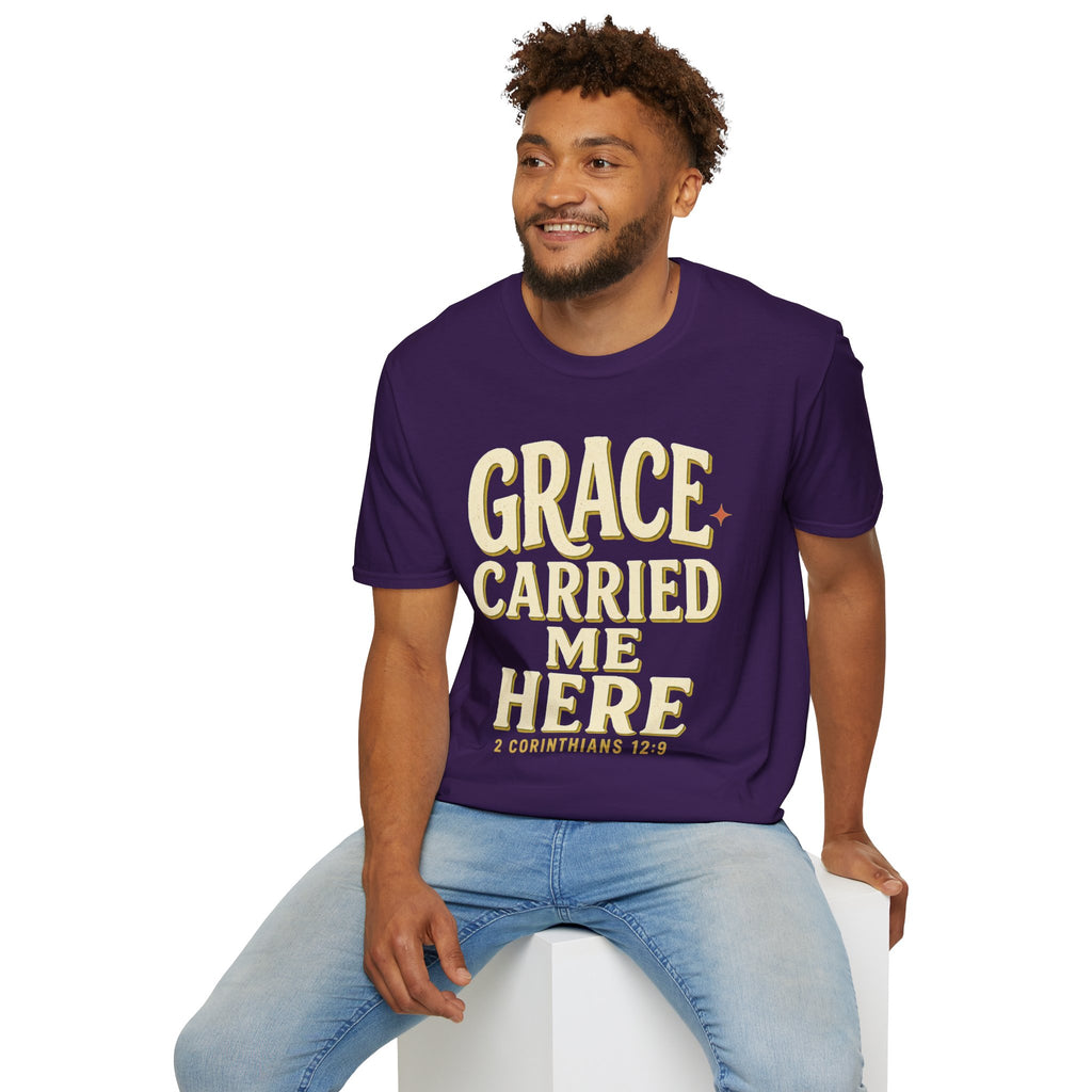 Grace Carried Me Here T-Shirt — Inspirational Christian Faith Tee (2 Corinthians 12:9)