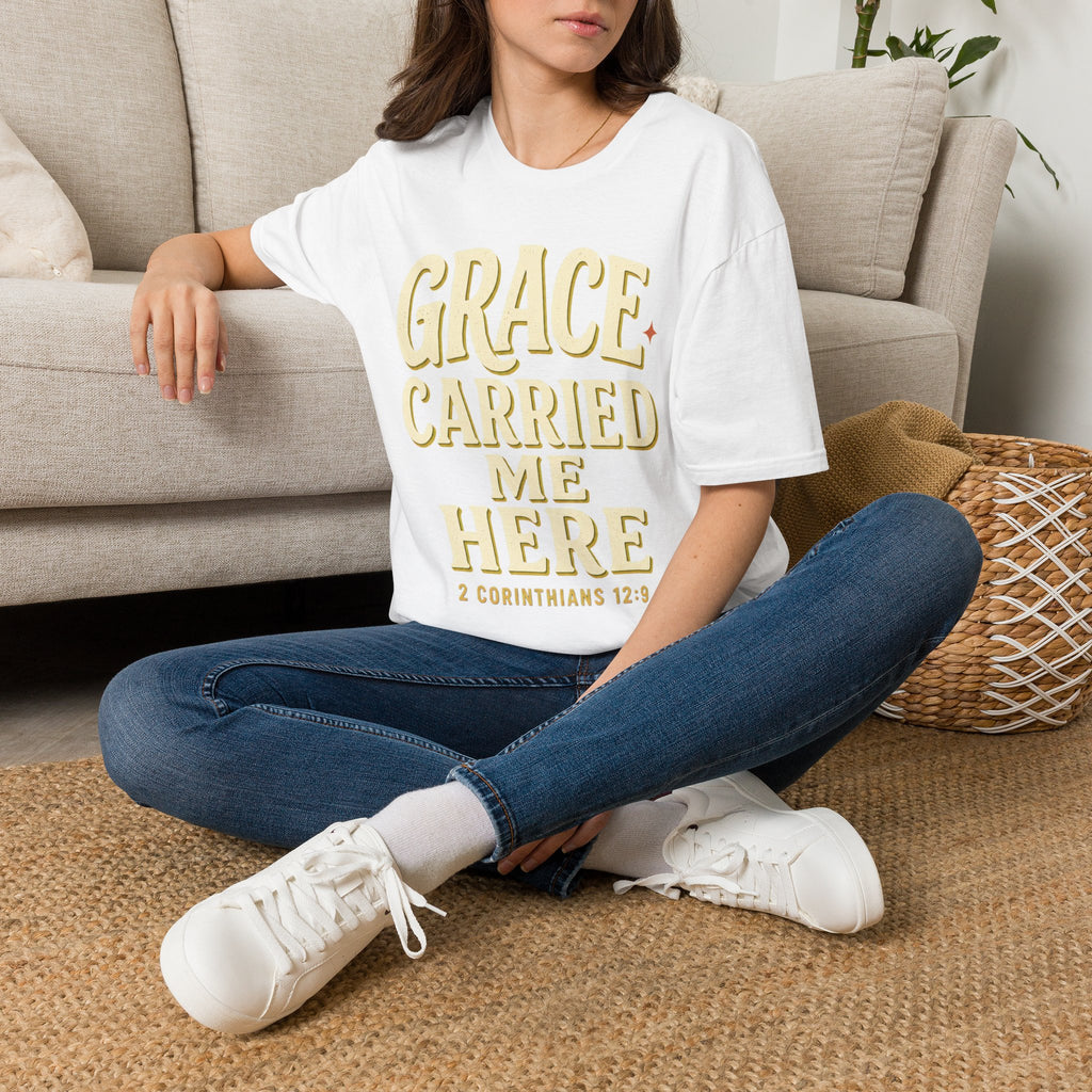 Grace Carried Me Here T-Shirt — Inspirational Christian Faith Tee (2 Corinthians 12:9)