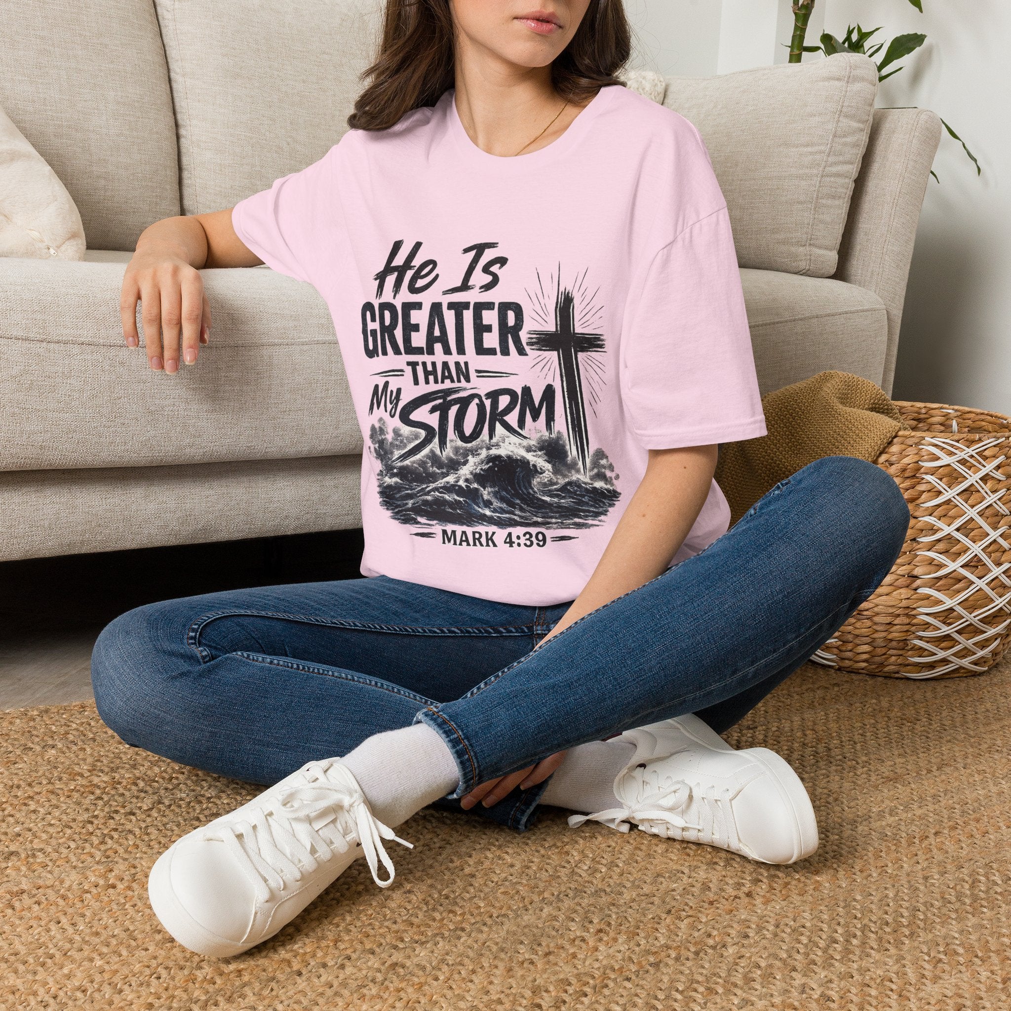 He Is Greater Than My Storm T-Shirt — Christian Inspirational Tee (Mark 4:39)