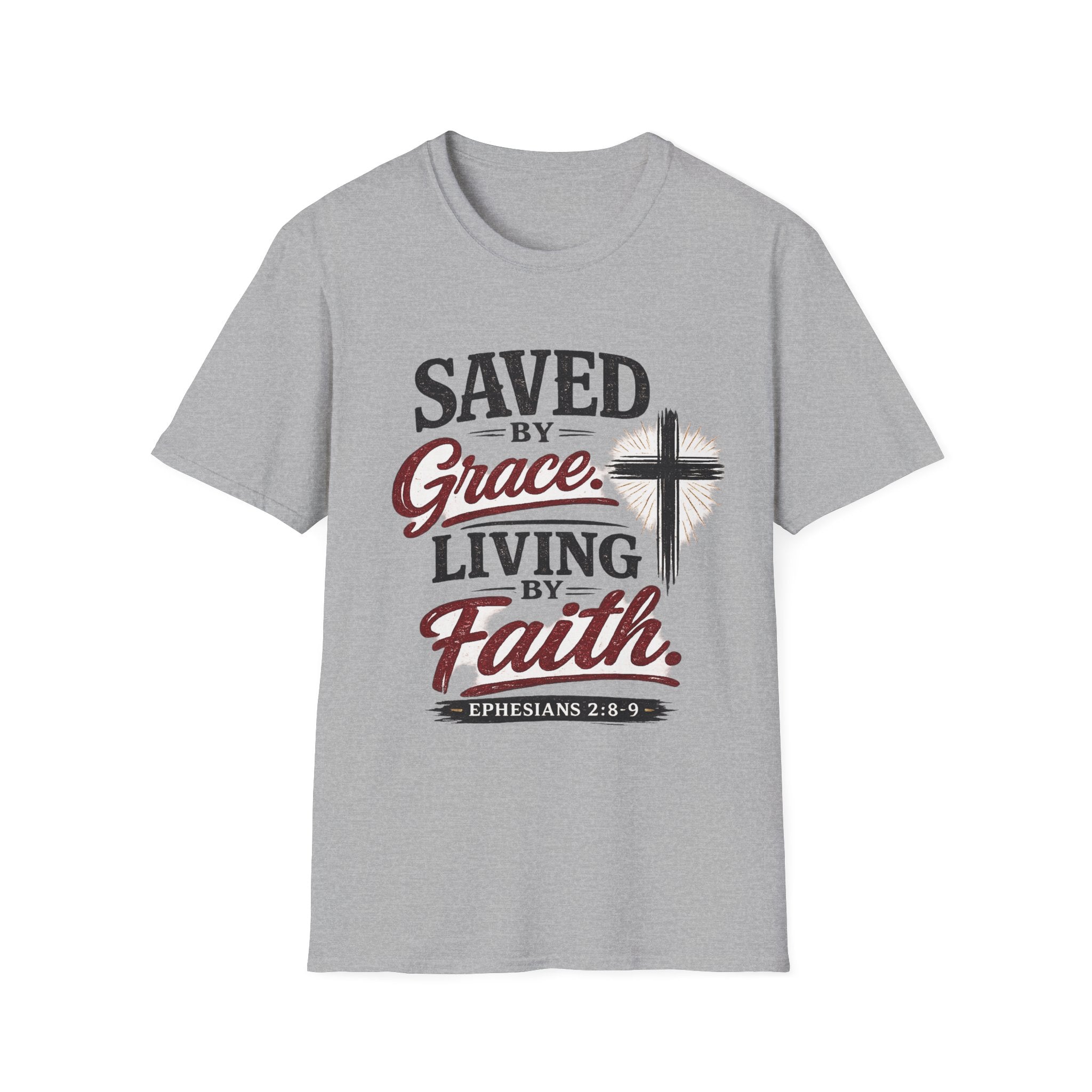Saved by Grace Living by Faith T-Shirt — Christian Faith Cross Tee