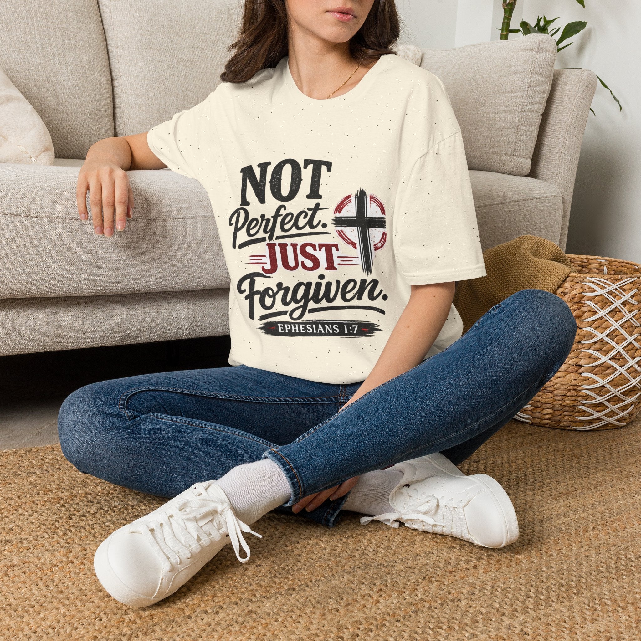 Not Perfect, Just Forgiven T-Shirt — Christian Faith Cross Tee (Ephesians 1:7)