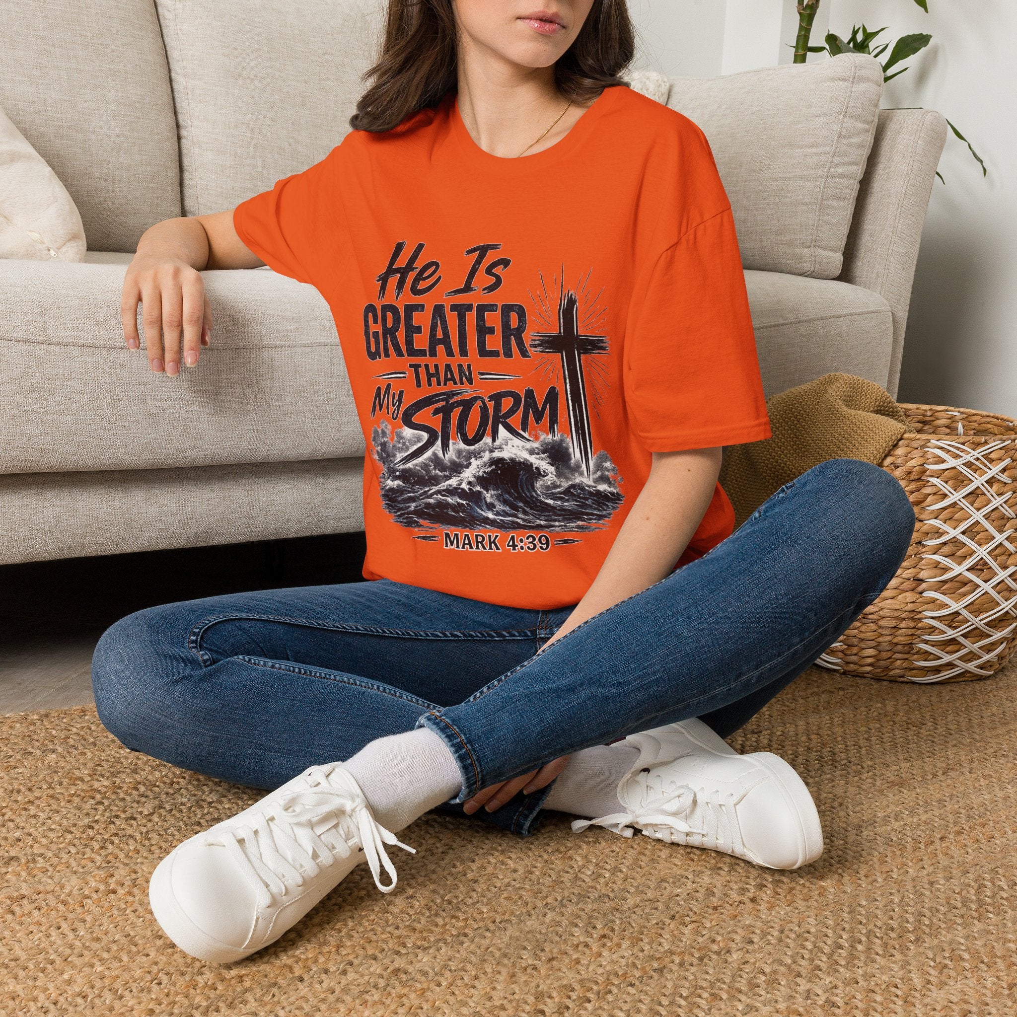 He Is Greater Than My Storm T-Shirt — Christian Inspirational Tee (Mark 4:39)