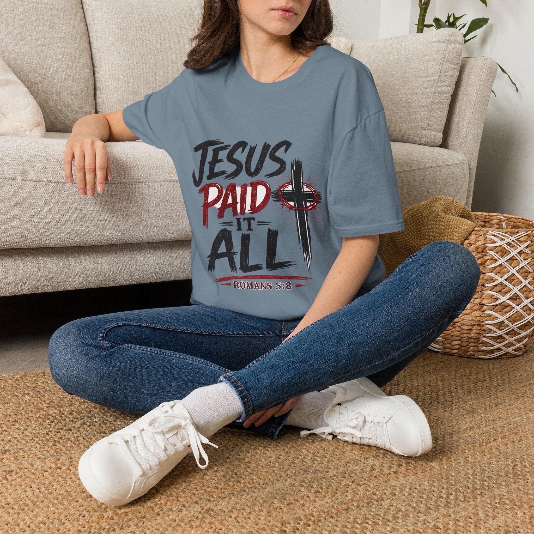 Jesus Paid It All T-Shirt — Christian Faith Cross Tee (Romans 5:8)